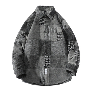 秋冬季轻奢磨毛衬衫男格子宽松大码加厚潮流百搭衬衣男士休闲外套