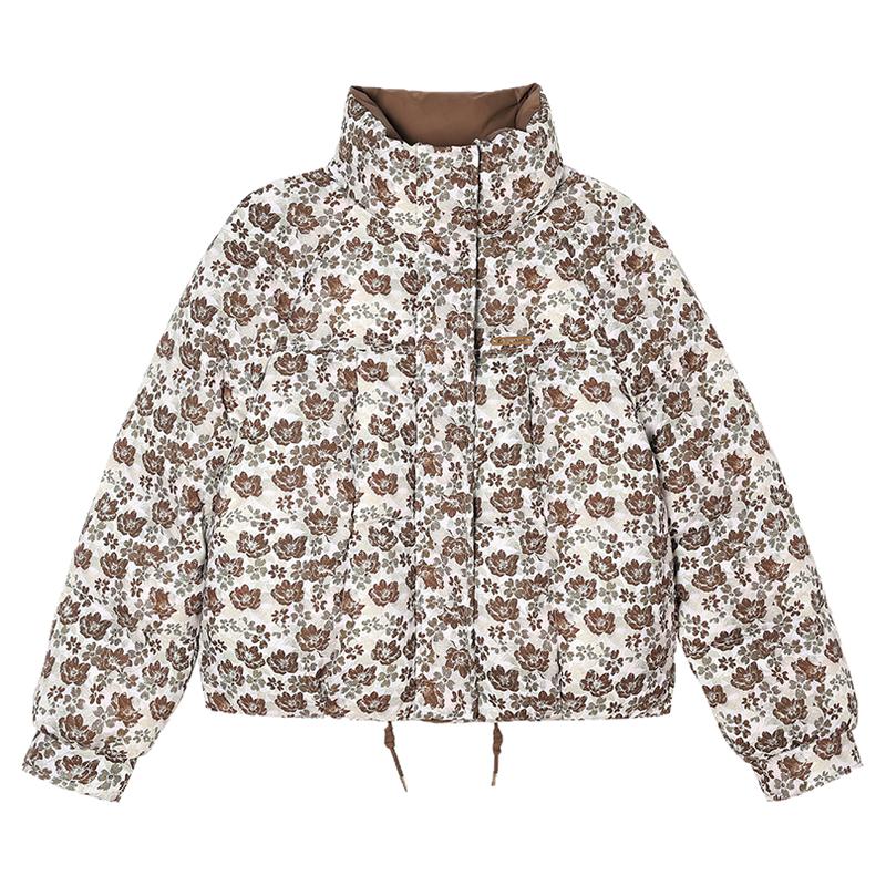 印花棉服女立领加厚宽松短款