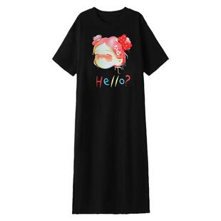 微胖女生连衣裙女夏季新款胖mm大码短袖t恤裙宽松及踝纯棉长裙子