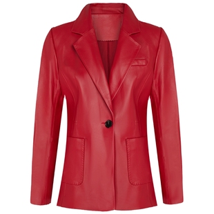 马天奴秋冬新款纯色绵羊皮外套翻领收腰修身皮衣西装时尚通勤女