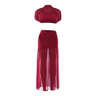 WEIRD PUSS 欧美时髦精酒红纱透视上衣女 褶皱半身裙修身套装辣妹