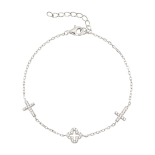 十尚美地花开 925银手链女式甜美四叶十字架手饰闪亮细手串送女友