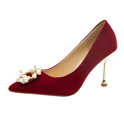 秀禾服酒红色结婚水钻新娘鞋