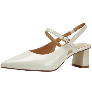 百田森羊皮包头凉鞋女款夏季粗跟优雅尖头半凉鞋女百搭通勤女鞋