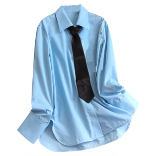 配领带纯色翻领宽松中长款长袖衬衫可配一整套PU皮短裙女套装Q706