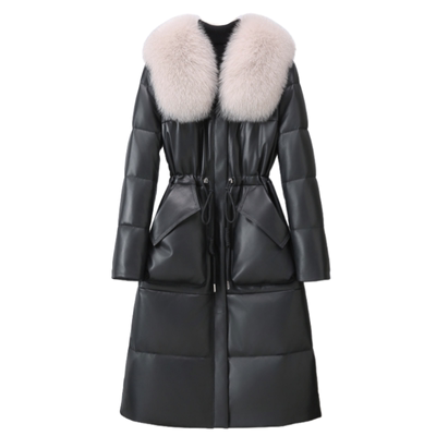 2025年冬季新款真皮羽绒服女长款狐狸毛领宽松头层绵羊皮收腰外套