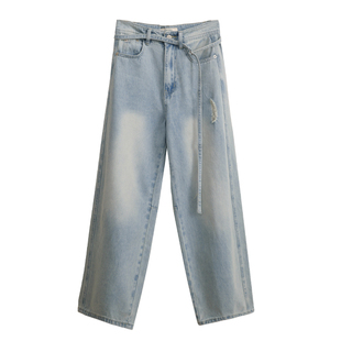 花吉L077浅蓝色复古高腰破洞磨白绣花直筒九分牛仔裤女2026新款春