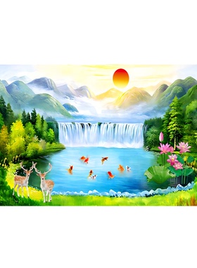 聚财风景画瀑布流水招财客厅办公室风水靠山自然风景装饰画自粘画