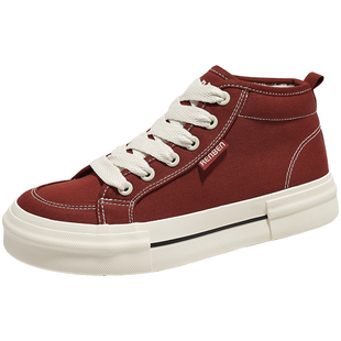 人本高帮加绒帆布鞋女2025秋冬新款百搭红色板鞋冬季厚底保暖棉鞋