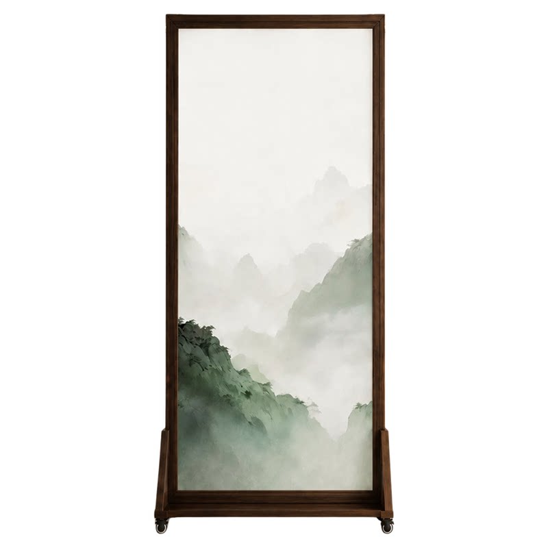现代中式高端实木滑轮可移动屏风