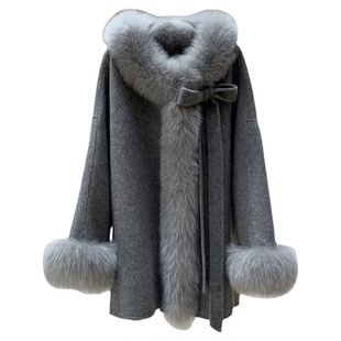 氛围千金蝴蝶结全羊毛双面呢羊绒大衣狐狸毛领皮草女秋冬毛呢外套