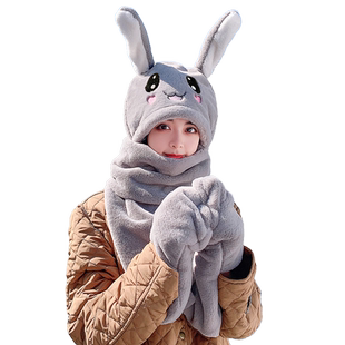 小兔子会动的耳朵帽女冬季围脖可爱毛绒围巾一体三件套保暖帽子潮
