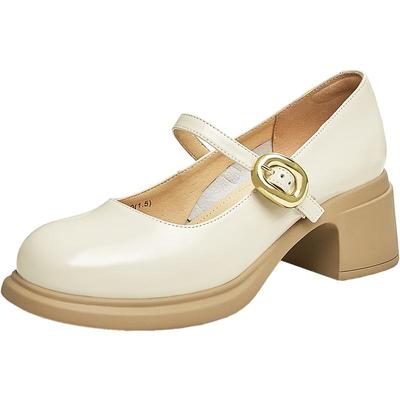 天美意粗跟厚底玛丽珍皮鞋女浅口单鞋高跟鞋春夏新BH471CQ3