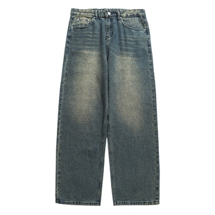 悟空有货美式街头复古做旧直筒牛仔裤男潮牌宽松阔腿休闲洗水长裤