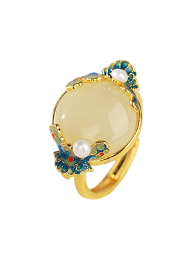 和田玉花如凝脂蛋面珐琅戒指