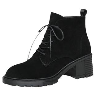 2025秋冬新款真皮短靴女磨砂系带高跟粗跟马丁靴英伦裸靴短筒女鞋