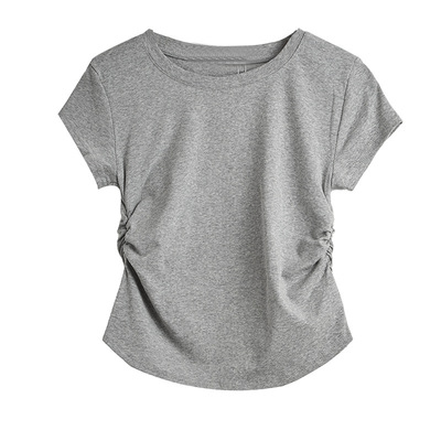 修身显瘦抽褶圆领短袖T恤女