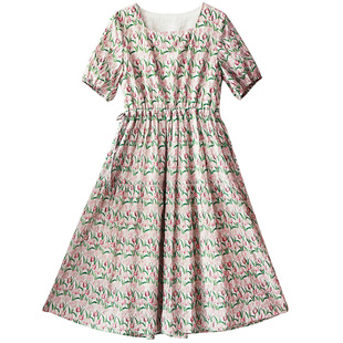 5折【郁见春天】夏季方领碎花连衣裙女装新款高腰纯棉灯笼袖长裙