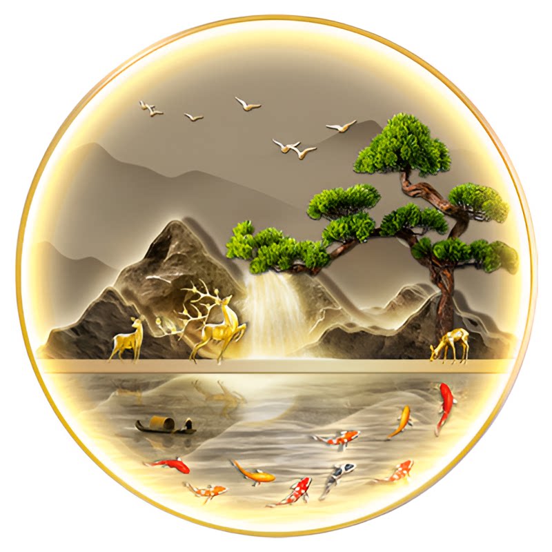 新中式圆形玄关装饰画入户正对门走廊挂画流水生财山水带灯九鱼图