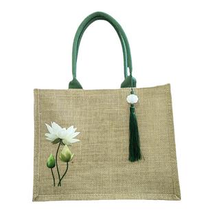 古风亚麻布包复古莲花麻布袋印logo文艺范吊坠手提黄麻礼品袋定制
