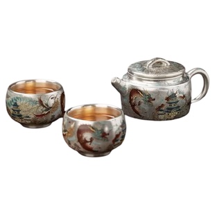 周鸿杰银壶999纯银泡茶壶鎏银茶具龙凤银杯纯银茶壶茶具套装定制