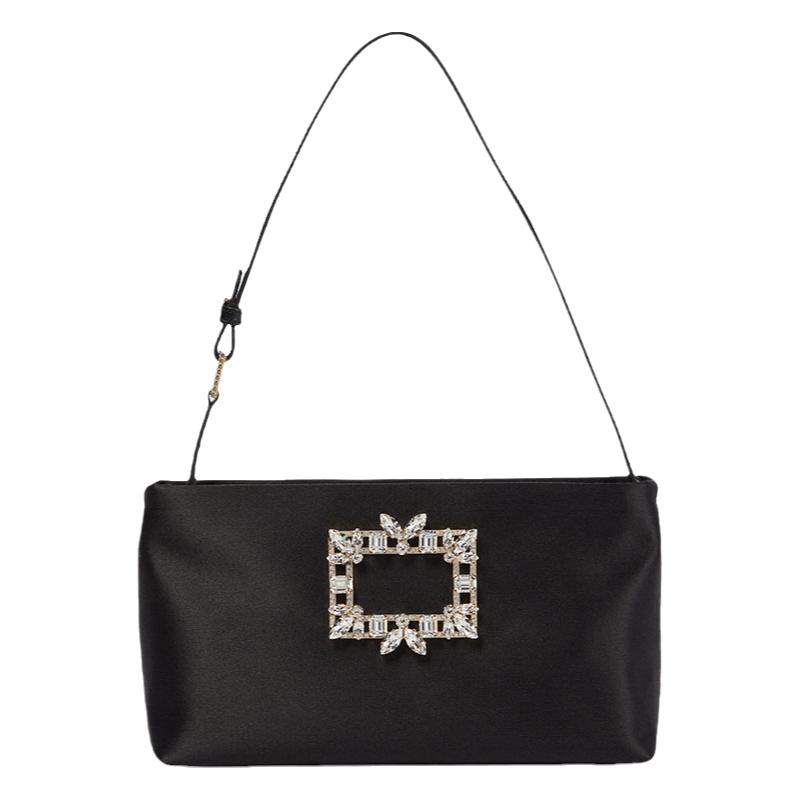 Roger Vivier/罗杰·维维亚女士黑色织物水晶扣迷你晚装包手提包