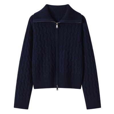 臻【大翻领】双拉链100%绵羊毛针织开衫女时髦实穿毛衣外套上衣