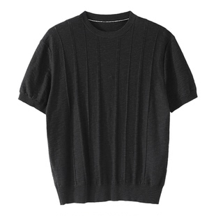 LUUD 花纱混色竖条肌理棉麻圆领针织短袖男夏羊毛混纺薄款上衣T恤