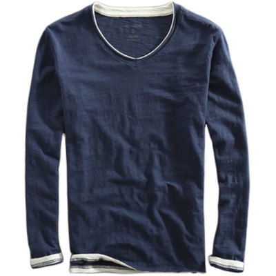 毛边拼色做旧纯棉日系男装打底衫