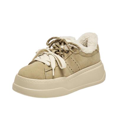 百丽复古加绒保暖毛毛鞋子女冬新款厚底棉鞋增高休闲板鞋B2843DM5