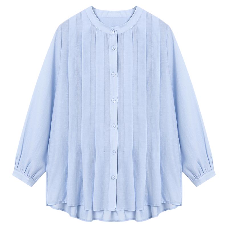 Basic House/百家好蓝色圆领拼接衬衫女秋季单排扣小众设计上衣