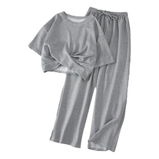 灰色两件套装夏季2026新款女装韩版百搭短款短袖+阔脚休闲运动裤