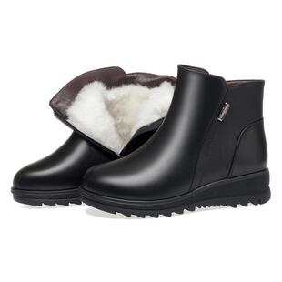 冬季保暖加绒短靴羊毛厚底平坡跟妈妈棉靴女士真皮棉鞋女式棉皮鞋