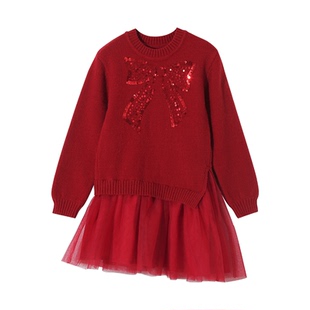 女童礼服裙新款针织毛衣连衣裙秋冬假两件纱裙女童生日红色裙子
