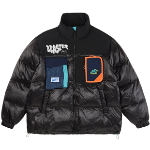 BEASTER奥莱鬼脸水洗牛仔撞色拼接羽绒服街头时尚冬季外套