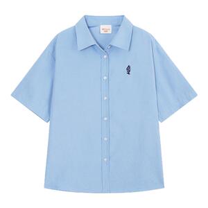 YUZI鱼子落肩翻领短袖衬衫大码女装夏季微胖mm显瘦遮肉通勤休假