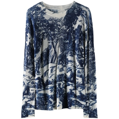 印花套头长袖水溶羊毛薄款打底衫