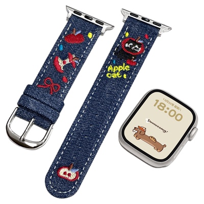适用iwatch卡通刺绣牛仔拼皮表带