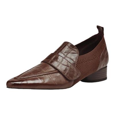 复古真皮牛皮单鞋女深口尖头低跟粗跟松紧带套脚百搭个性4041码