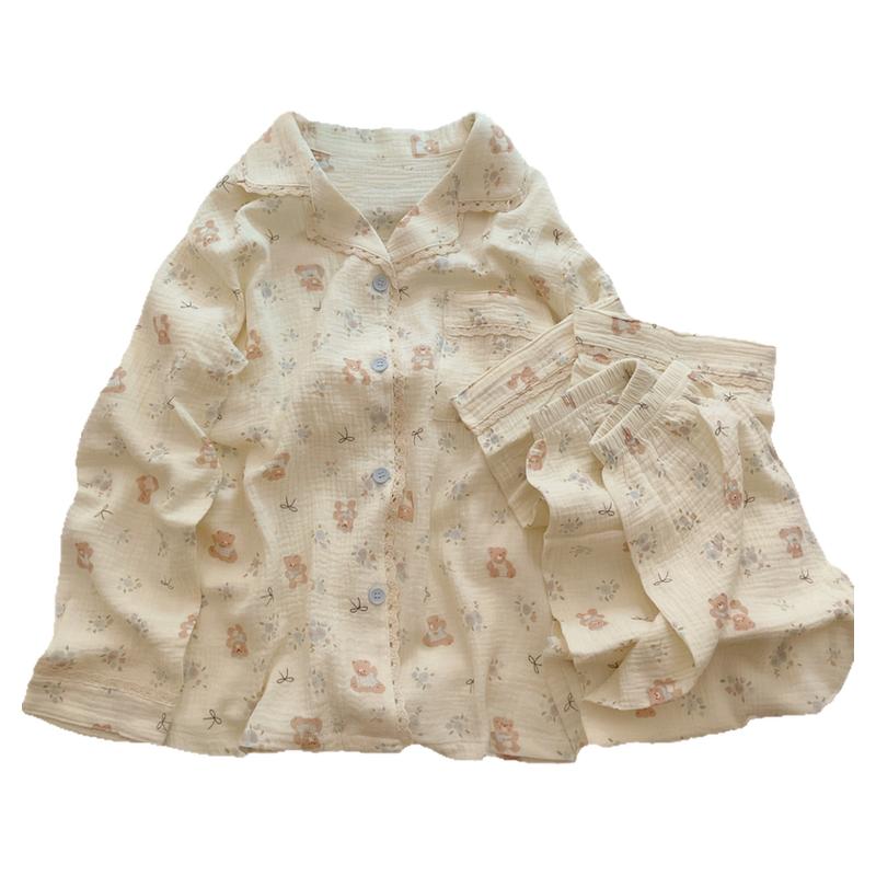 【铃兰小熊宝】春夏季女睡衣家居服软料婴儿双层纱纯棉套装