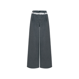 Kroche 浪漫蕾丝 羊毛混纺 腰头蕾丝花边拼接毛呢阔腿休闲裤