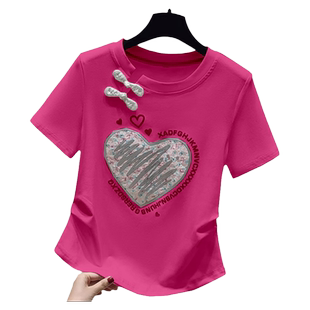 国风新中式盘扣爱心短袖t恤女夏季2026新款收腰遮肉修身短款上衣