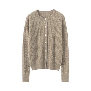 康家线12针秋冬新款100%纯羊绒开衫女圆领麻花针织衫百搭外搭毛衣