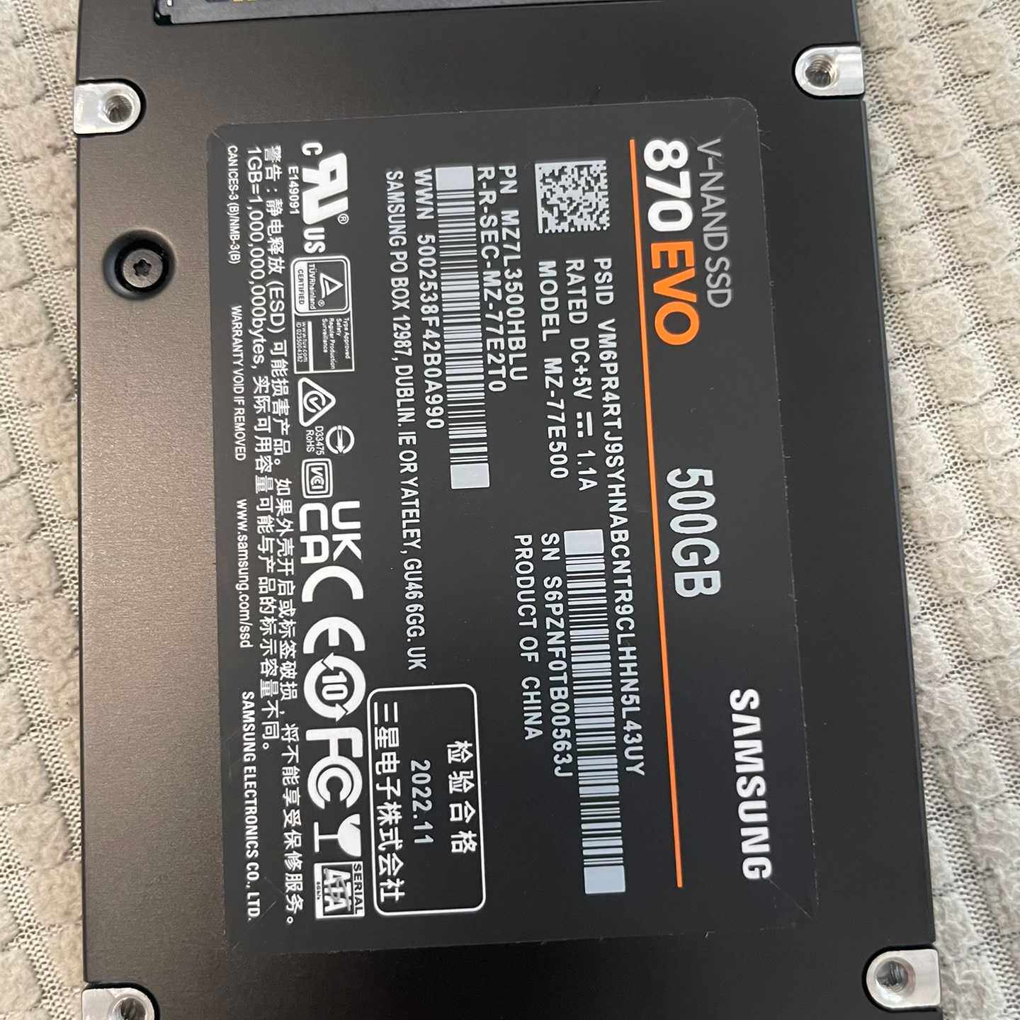 三星870evo500g固态硬盘，SATA接口，成色挺好，&mdash;议价