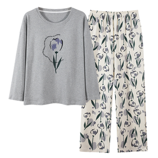 春秋睡衣女款新疆棉长袖长裤两件套带胸垫套头舒适休闲家居服套装