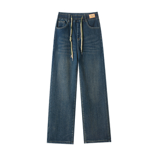 松紧腰加绒牛仔裤女2025秋冬新款窄版阔腿裤弹力加厚直宽松直筒裤