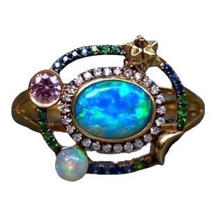 18K金镶嵌天然澳洲水晶欧泊钻石蓝宝石祖母绿银河戒指吊坠珠宝