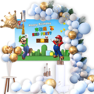 超级玛丽男女孩1岁生日背景投屏定制马里奥海报幕布m豆迎宾牌装饰