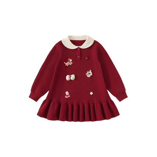 INSbobo童装女童红色连衣裙儿童拜年服过年冬裙女孩公主裙毛衣裙