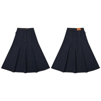 通勤复古深蓝色加绒伞状牛仔长裙